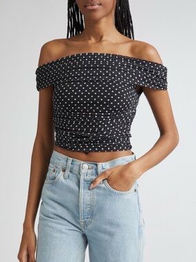 Alice + Olivia Isadola Polka Dot Ruched Off the Shoulder Mesh Crop Top SZ XL